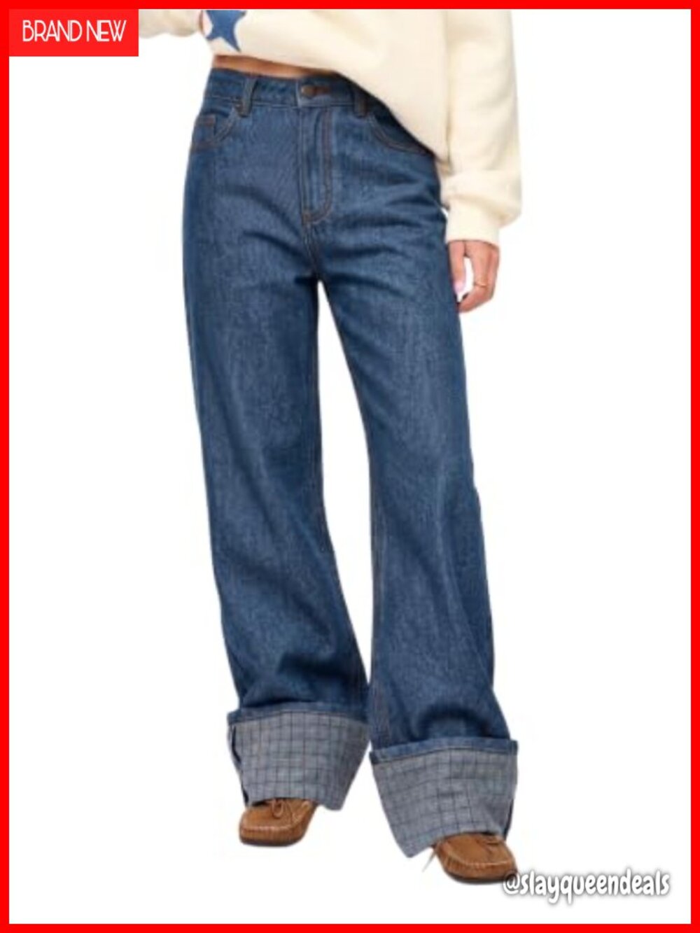 Wide Leg High Waisted Cuffed Plaid Baggy Denim Jeans